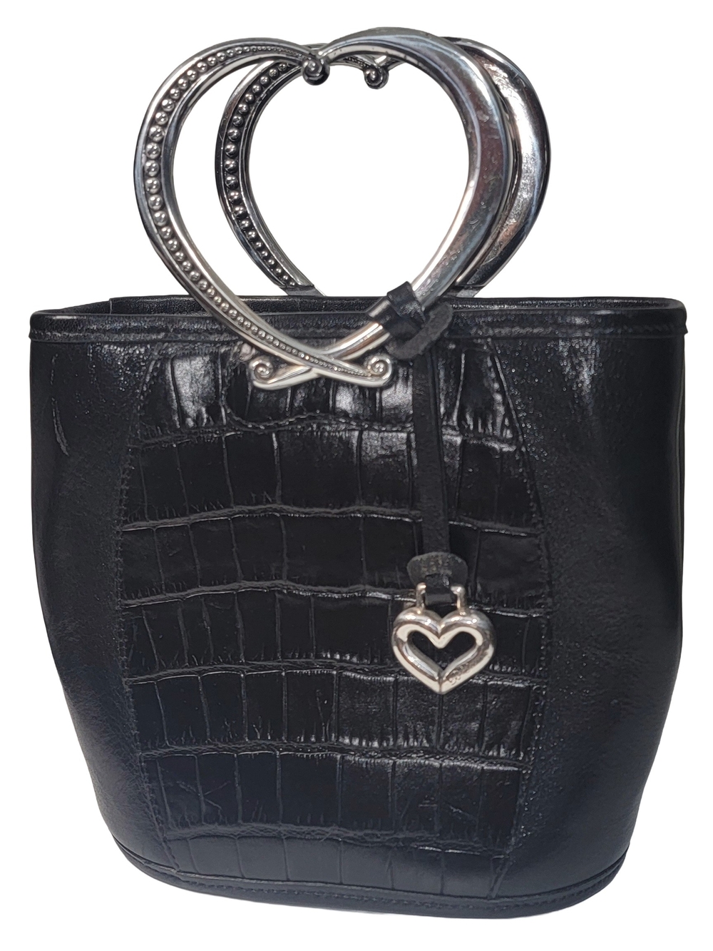 Brighton Black Croc-Embossed Mini Bucket Bag with Silver Heart Handles
